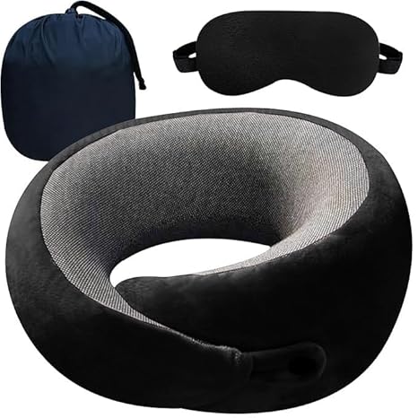 BigPlayer Raised Memory Foam Neck Pillow for Travel, Neck Support Rest Pillow - Car Pillow, Flight, and Train Accessory Pillow for Neck Pain Relief &amp; Neck Pillow and Eye Mask and Bag