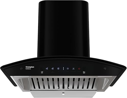 Crompton IntelliSense 60 cm Curved Glass Kitchen Chimney with 1417 m³/hr Suction, Smart On &amp; Intelligent Auto-Clean | Silent Kitchen Chimney With Baffle Filter (Black, CHD-ISC60BFE-IND)
