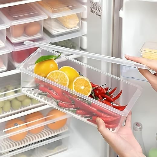 Episkey 6pcs Fridge Storage Boxes, Fridge Organiser with Removable Drain Plate Tray, Fridge Storage Containers for Storing Fruits, Vegetables Fresh Longer 1500 ML Organizers Box Set (LNG_6)