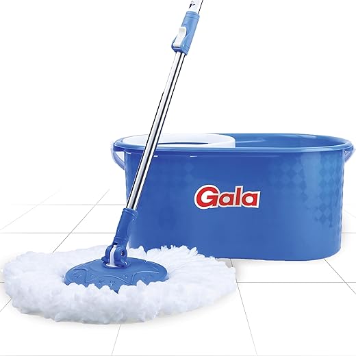 Gala Aqua Spin Mop with 4 Wheels &amp; Big Bucket with 2 Microfiber Refills, Floor Cleaning Mop with Bucket, pocha for Floor Cleaning, Mopping Set (White and Blue)