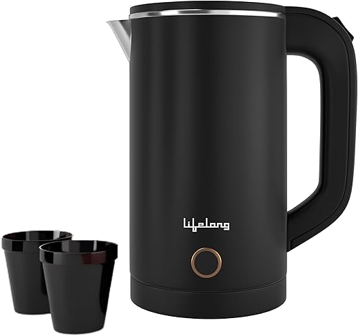 Lifelong Electric Kettle 0.8 Litre with 2 Cups | 600W Stainless Steel Kettle with Double Wall &amp; Cool Touch Body, 360° Swivel Base, Water Level Indicator, Auto Shut-Off &amp; Overheat Protection (Black)
