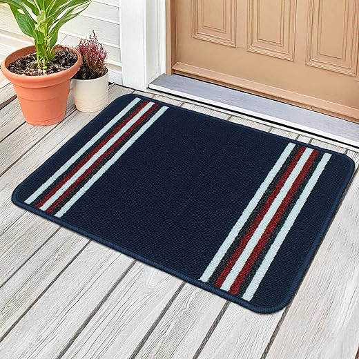 MollisHomes Soft Anti Slip Door Mat Set of 1, Anti-Skid Nylon Bathroom mats Water soak, 57 x 37 cm, Navy Blue Stripes Design, Best Kitchen Accessories Items for Home &amp; Bathroom