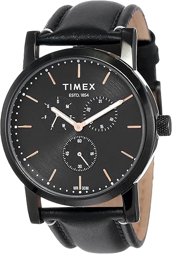 TIMEX Analog Watch for Man with Black Round Dial &amp; Black Leather Strap Band Water Resistant Men's Wrist Watches - TWEG16610
