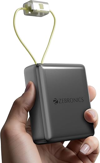 ZEBRONICS EnergiTank 10R1, Compact Power Bank, 10000 mAh, 22.5W Rapid Charging, Built-in Type C &amp; Lightning Cable + Type C Port, LED Percentage Indicator, for iPhone, Android, Tablets, Airpods (Grey)