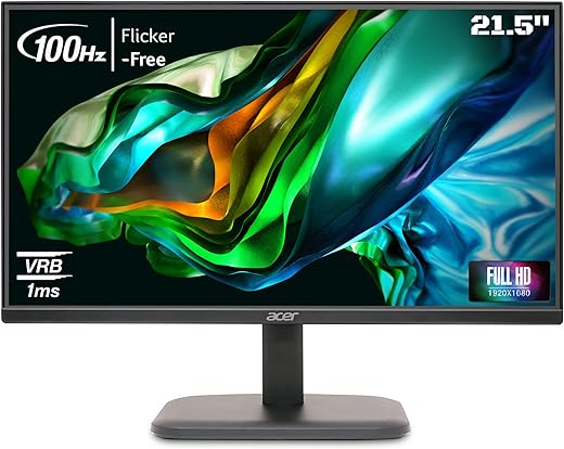 Acer EK220Q 21.5 Inch (54.61 cm) Full HD (1920x1080) Pixels VA Panel LCD Monitor with LED Back Light I 1 MS VRB, 100Hz Refresh I 250 Nits I HDMI &amp; VGA Ports with HDMI Cable I Eye Care Features (Black)