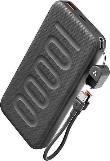 Ambrane 10000mAh Slim &amp; Compact Powerbank with in-Build Type C Cable, 22.5W Fast Charging, USB &amp; Type C Output, Power Delivery, Quick Charge for iPhone, Android &amp; Tablets, Earbuds, (Stylo N10,Black)