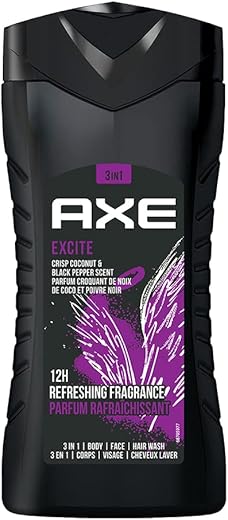 Axe Excite 3 In 1 Body, Face &amp; Hair Wash For Men, Long-Lasting Refreshing Crisp Coconut &amp; Black Pepper Fragrance For Upto 12Hrs, Natural Origin Ingredients, Removes Odor &amp; Bacteria, No Paraben, 250ml