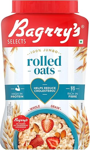 Bagrry’s 100% Jumbo Rolled Oats 1kg Jar | Prebiotic, Whole Grain, High Fibre &amp; Protein Breakfast Cereal | Non-GMO Oats | No Added Sugar &amp; Preservatives | Perfect or Weight Loss &amp; Heart Health | Instant Oats for Breakfast