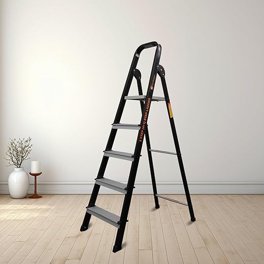 Bonkaso Climb Lite Pro Foldable Aluminium Ladder, Multipurpose Ladder for Home &amp; Office, Anti-Skid Steps, Heavy Duty Platform, 5 Steps, 5 Years Warranty (Black - 165h x 49w Cms)