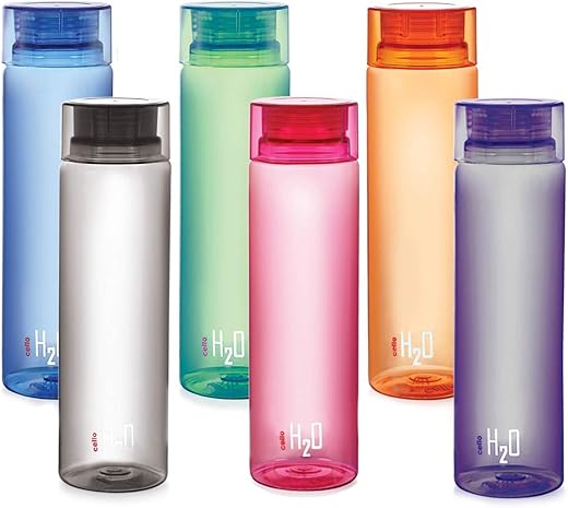 Cello H2O Round Water Bottles Set of 6, 1000ml Each Assorted | ISI Certified | Unbreakable, BPA-Free, Food Grade | Airtight &amp; Leakproof Lids | Wide Mouth Pet Water Bottle For Fridge, School, Office