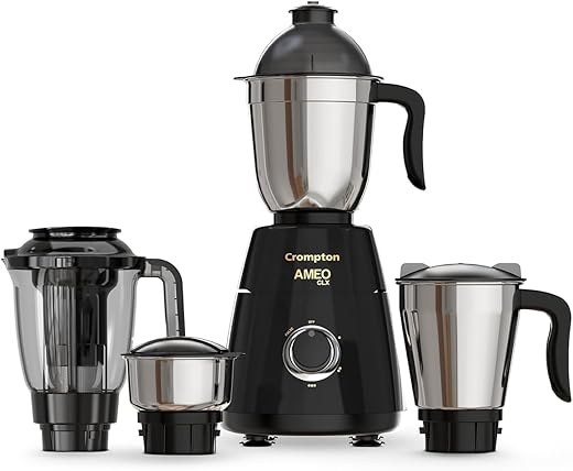 Crompton Ameo Classic 750W Mixer Grinder | Powertron Motor | MaxiGrind Technology | 3 Stainless Steel Jars | 1 Blender Jar with fruit filter | Black