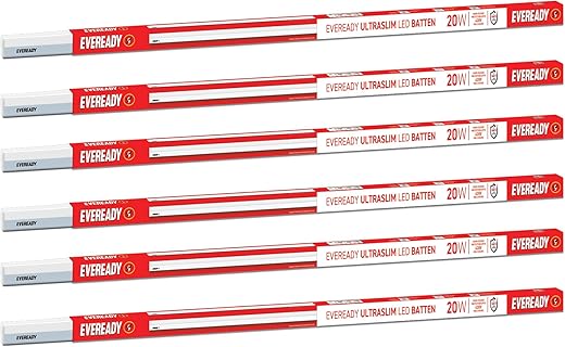 Eveready 20W Ultraslim LED Batten, Cool Day Light (6500K), Stylish, Energy-Efficient &amp; Durable Lighting Solution, Pack of 6
