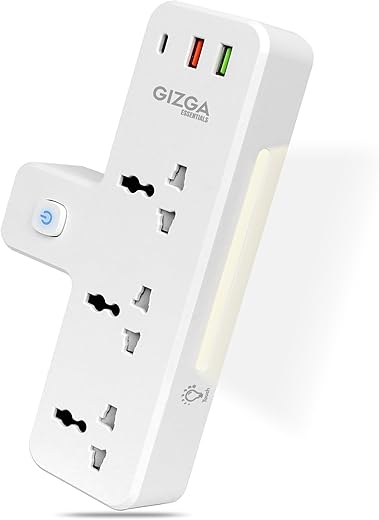 Gizga essentials Power Extension Board: 3 Universal Sockets, 2 USB Ports &amp; 1 Type-C, Surge Protector, Touch-Control Night Lamp, Child Safety, Flame-Retardant Housing, 10A Output, 250V