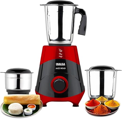 INALSA Mixer Grinder|500W Powerful Motor|High RPM 21000 for Finer Grinding Result|3 Stainless Steel Jars (1.2 L,0.8 L,0.4 L)|Leak-Proof Lid|3 Speed Control &amp; Pulse Function|2 Year Warranty|Jazz Bold