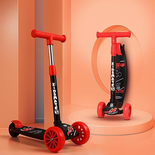 Kidsmate Cruiser Kick Scooter for Kids with Broad Wheels | 3-Wheel Skate Scooter for Boys &amp; Girls of Ages 2-12 Years | 5-Level Adjustable Height, and Easy Fold Design Scooter for Kids (Black)