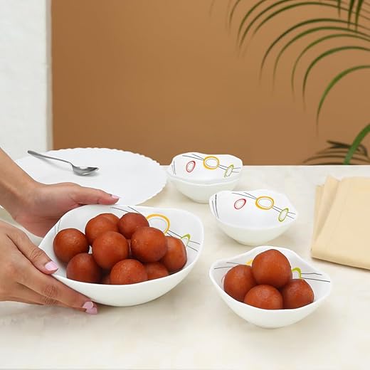 Larah by Borosil Splendour Square Series Opalware 5 Pcs Pudding Set | Microwave &amp; Dishwasher Safe | Bone-Ash Free | Crockery Set for Dining &amp; Gifting | Bowls Set | White