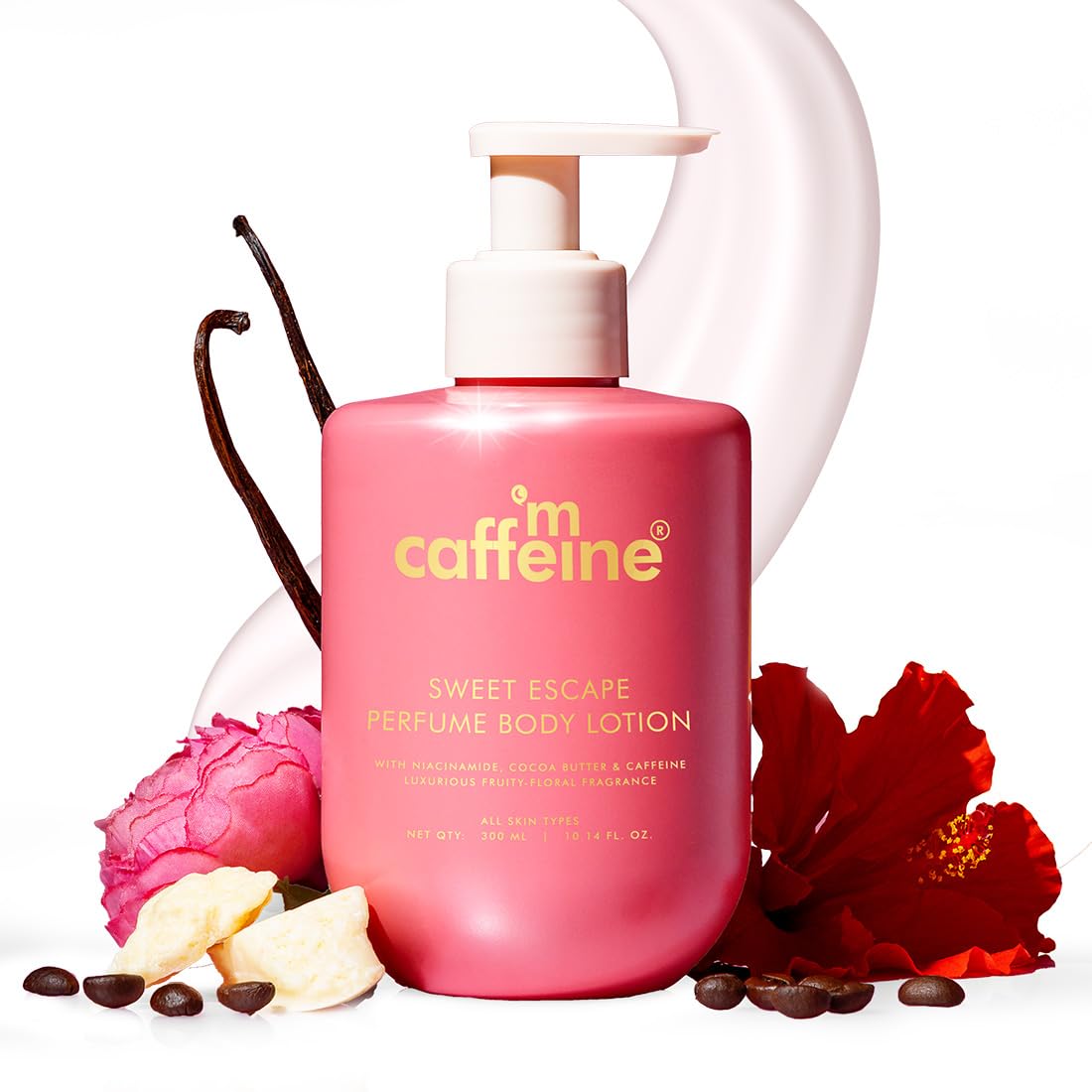 mCaffeine Sweet Escape Perfume Body Lotion | Niacinamide, Cocoa Butter &amp; Shea Butter For Deep Moisturization | Lightweight, Non-Sticky | Fruity-Floral Fragrance | Body Lotion For Dry Skin - 300ml