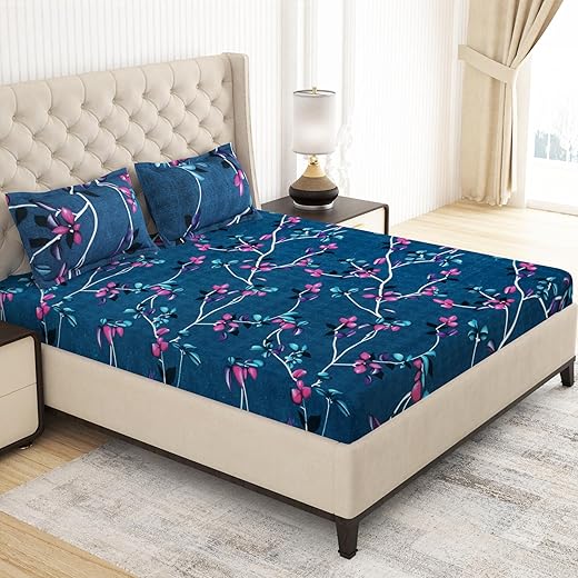 MollisHomes 150 TC Cotton Feel Glace Cotton Printed Double Bed Bedsheet with 2 King Size Pillow Cover, Dark Blue Leafs Design, 220 x225 cm