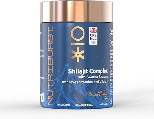 Nutriburst Shilajit Resin Gummies, Ayurvedic Herbal Blend with Swarna Bhasma, KSM-66 Ashwagandha, Black Musli and Ginger, Natural Energy &amp; Vitality Boost, Mixed-Berry Flavor | 30 Gummies, 1 month pack