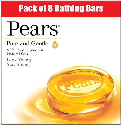 Pears Pure &amp; Gentle Bathing Soap Bar 125 g (Combo Pack of 8) Moisturizing Glycerin Soap for Soft|| Glowing Skin &amp; Body - Paraben Free|| For Men &amp; Women