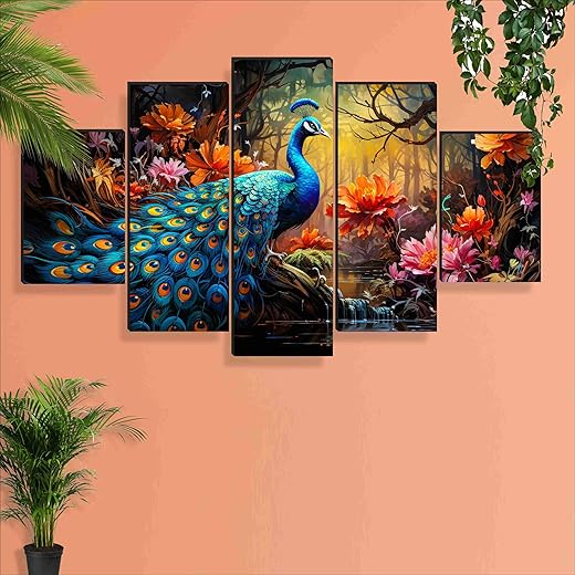 SAF Peacock Paintings for Wall Decoration - Set Of Five, 3d Scenery Vastu Painting for Living Room Large Size with Frames for Home Decoration, Hotel, Office 76.2 cm x 45 cm SANFPNLS35471