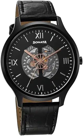 Sonata Unveil Quartz Multifunction Black Dial Leather Strap Watch for Men-7140NL05