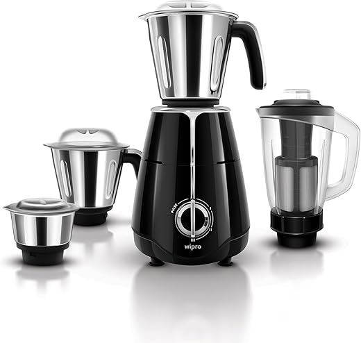 Wipro Elato FMG206 1000 Watt Mixer Grinder with 4 Jars,Heavy Duty 100% Copper Motor,Superfast Grinding,Stone Pounding Blade for Masala, 4 Jars Mixer Grinder 1000 Watt, 5 Years Motor Warranty, Black
