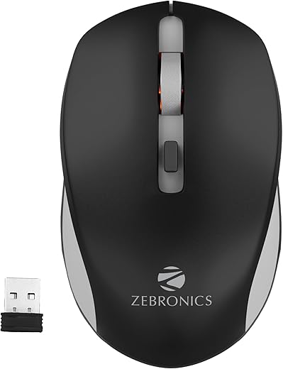 ZEBRONICS Zeb-Jaguar Wireless Mouse, 2.4GHz with USB Nano Receiver, High Precision Optical Tracking, 4 Buttons, Plug &amp; Play, Ambidextrous, for PC/Mac/Laptop (Black+Grey)