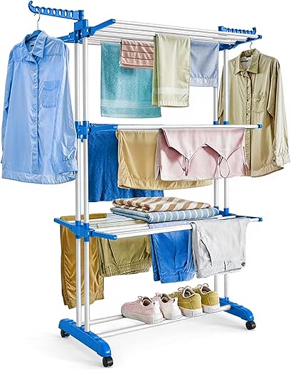 ABOUT SPACE 5.5 ft Clothes Drying Stand - 3 Layer Foldable Cloth Dryer Stand, Portable with Castor Wheels, 24 Hanger Rods &amp; 2 Wings - Anti Rust Steel Double Pole-Blue