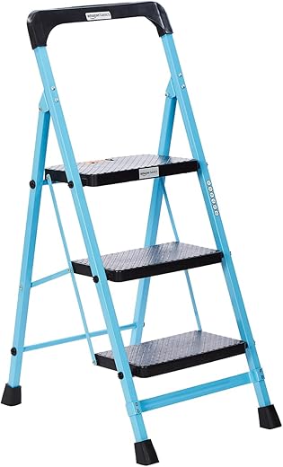 amazon basics - Foldable Step Ladder with Tool Tray, Safety-Clutch Lock, Ribbed Steps, Anti-Skid Rubber Shoes, 3 Steps (Iron Ladder, Black &amp; Blue)<br>