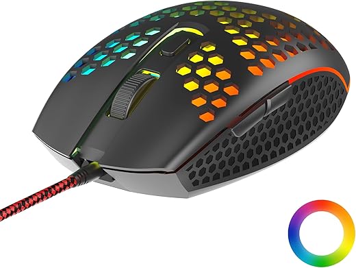 Ambrane Honeycomb Design Wired Gaming Mouse with 6 Programmable Buttons, 4-Speed Customizable 3600 DPI, Comfortable Grip, 7 Colors Breathing LED Light, 1.5m Long Cable, Lightweight (TroneX, Black)