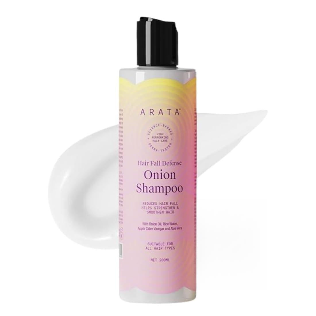 Arata Hair Fall Defense Onion Shampoo (200 ML) | Controls Hair Fall | Helps Strengthen &amp; Smoothen Hair | With Onion Oil, Rice Water, Apple Cider Vinegar and Aloe Vera