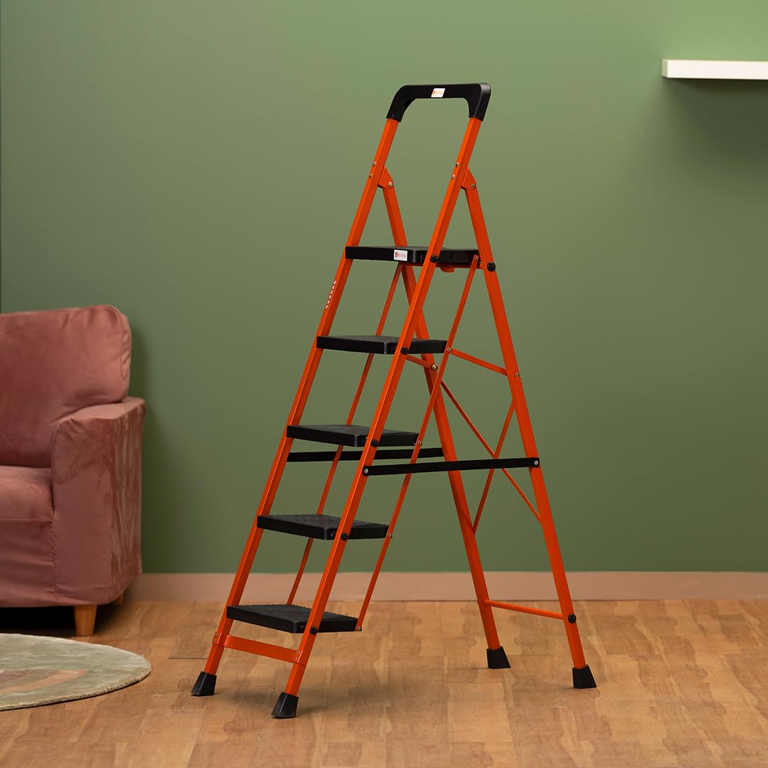 BonKaso Premium Steel Multipurpose Climb Easy Anti-Slip 5-Step Foldable Ladder with Safety Clutch Lock, Support Handle and Tool Tray for Home - (Orange &amp; Black)