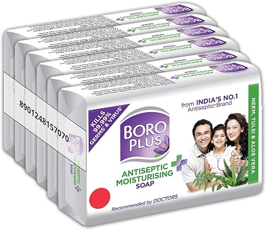 Boroplus Antiseptic And Moisturising Bathing Soap With Aloe Vera, Neem And Tulsi | 99.9% Germ And Virus Protection | For Smooth, Soft &amp; Nourished Skin, 125G (Pack Of 6)<br>
