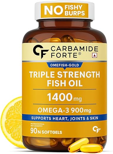Carbamide Forte Triple Strength Omega 3 Fish Oil Capsules Softgel 1400mg | Fish Oil Omega 3 Supplement 900mg For Men &amp; Women | Omega3 Supplement for Heart, Joints, Bones &amp; Skin | 90 Softgel Capsules