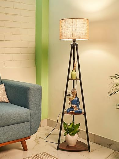 Crosscut Furniture LED Tripod Floor Lamp with 3 Shelves, Brown Jute, Metal Corner Floor Lamp for Living Room &amp; Bedroom Decoration