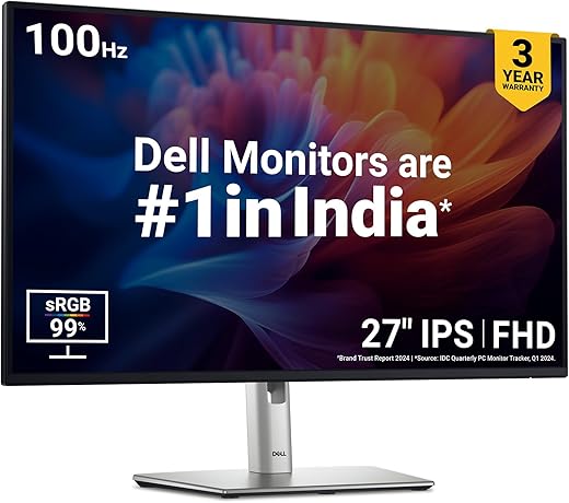 Dell P2725H 27 Inch FHD IPS Monitor, Anti-Glare, 99% SRGB, 100Hz, 5Ms (Fast), Ports: HDMI(1), DP 1.2, VGA, 3X USB 3.2 Gen1 (A), USB 3.2 Gen1 Type-C [15W PD] | Height Tilt Swivel Pivot