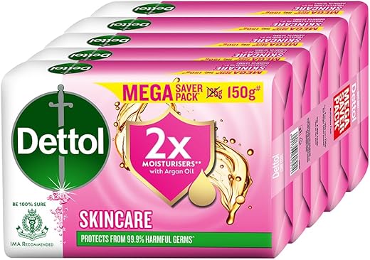 Dettol Skincare Moisturizing Beauty Bathing Soap Bar with Argan Oil (750gm) | Softer Skin, 150gm, Pack of 5
