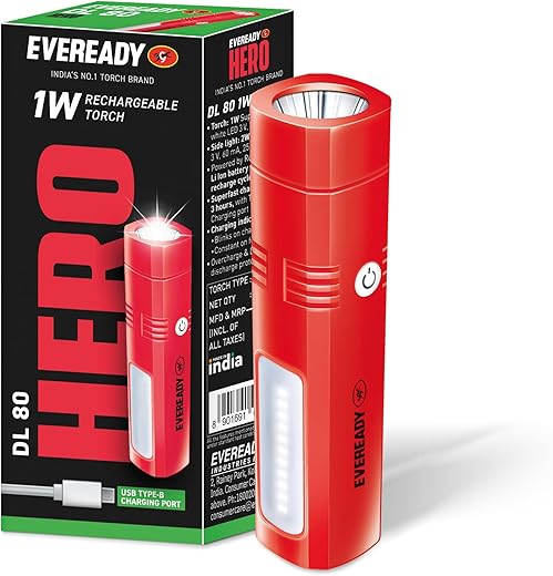 Eveready Hero DL80, Rechargeable 1W LED Torch Cum Emergency 2W Sidelight, Type-B/Micro-USB Fast Charging, Overcharge &amp; Deep Discharge Protection, Powered by Li-Ion Battery
