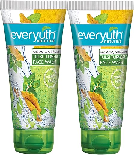 Everyuth Naturals Anti Acne,Anti Marks Tulsi Turmeric Face Wash|Gentle Exfoliation &amp; Blemish Control|Paraben free|For Oily,Dry,Normal,Combination &amp; Sensitive Skin|100% Soap Free - 150 g (Pack of 2)