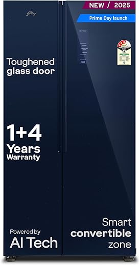 Godrej Smart Choice 600L 3Star Frost Free Smart Convertible AI Tech 3 Intelligent Modes Toughened Glass Door Inverter Side By Side Refrigerator (2025 Model,RS EONVELVET 646C RIT SM BL,Storm Blue)