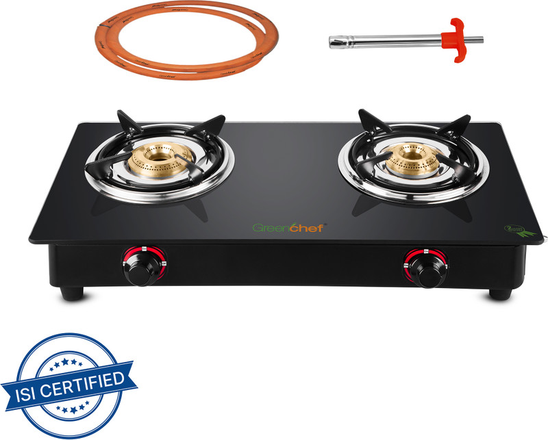 Greenchef Ebony Pro 2BR ( Hose Pipe + Lighter ) Glass Manual Gas Stove  (2 Burners)