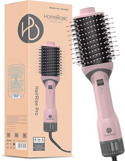 HOMEBASIC 1200W Hot Air Brush For Women, Hair Straightening Brush/Dryer/Volumizer/Curler Comb, 3 Heat &amp; Speed Settings+ Cool Option, 360° Airflow, Ceramic Plates, Auto Shut-Off, for Frizz Free Hair