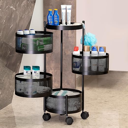 Kitchenwell Round Multi-Purpose Rotatable Trolley Storage Organizer Kitchen Storage Rack Design Fruits &amp; Vegetable Onion Cutlery Dish Rack (Matt Black, Round - 4 Layer)
