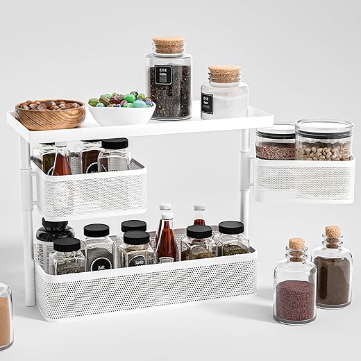Kuber Industries Metal Kitchen Organizer Rack | 3-Tier Kitchen Counter Top for Storing Spices, Pantry Storage &amp; Cosmetic Items | Multi-Purpose Kitchen Stand - White