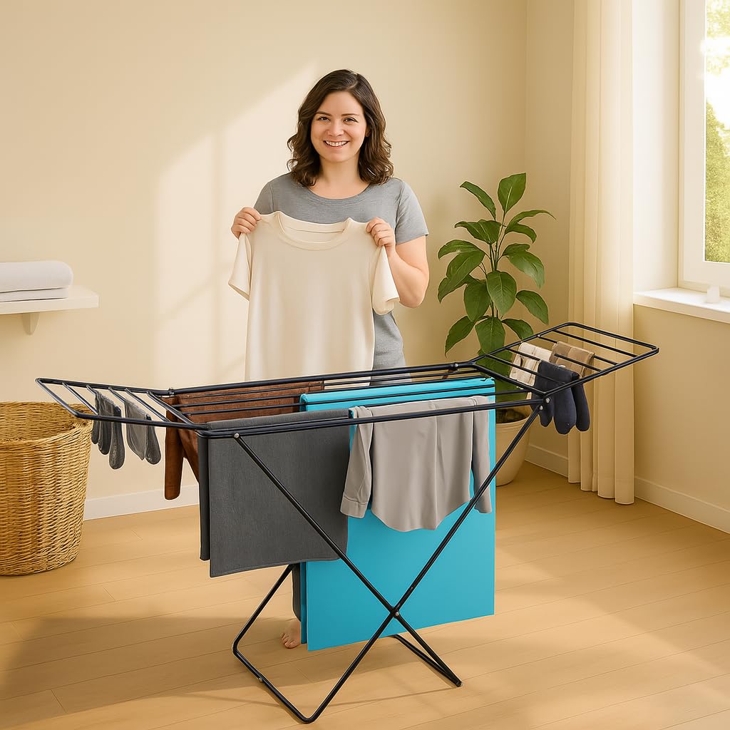 Kuber Industries Premium Extra Strong 5.8 kg Metal Clothes Drying Stand for Dryer Cloth | Double Drying Racks for Clothes Balcony, Living Room | Foldable Cloth Stand with 16 Hanger Rods | Black