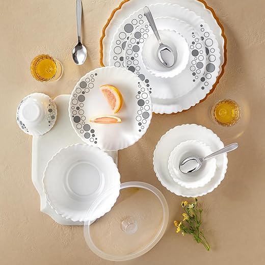 Larah by Borosil Silk Series Luna Opalware Dinner Set with Steel Spoon | 41 Pcs for Family of 6 | Microwave &amp; Dishwasher Safe | Bone-Ash Free | Crockery Set for Dining &amp; Gifting | Plates &amp; Bowls