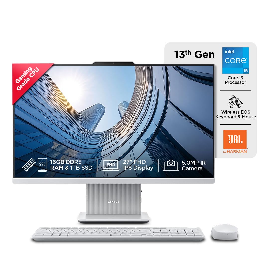 Lenovo IdeaCentre AIO Intel Core i5 13420H 27" FHD IPS 3-Side Edgeless All-in-One Desktop with Alexa Built-in (16GB/1TB SSD/Win11/Office 2021/5.0MP+IR Camera/Wireless EOS Keyboard &amp; Mouse), F0HM003CIN