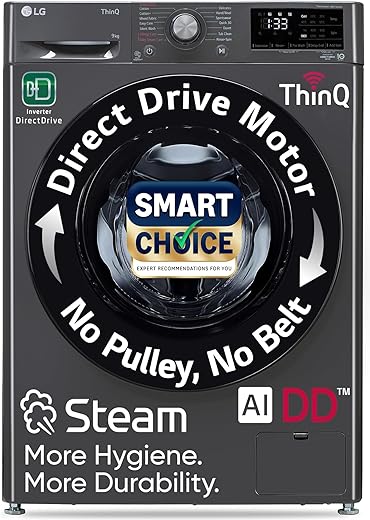 LG 9 Kg, 5 Star, AI Direct Drive Technology, Steam, 6 Motion DD &amp; Wi-Fi Fully-Automatic Front Load Washing Machine (FHP1209Z5M, Intelligent &amp; Convenient Fabric Care, Allergy Care, Middle Black)