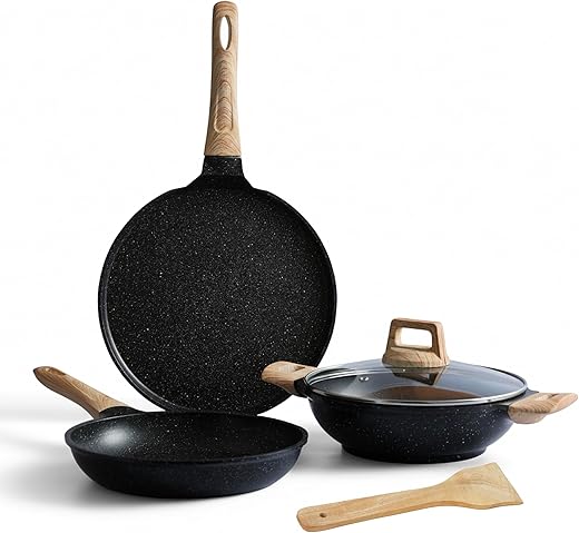 Lifelong 3 Piece Die-Cast Cookware Set with Coomon Lid | 2.2L Kadhai with Lid 24cm | 1.4L Fry Pan 24cm | 1.2L Tawa 28cm | Induction &amp; Gas Compatible | Non-Riveted Handle | PFOA-Free Non-Stick Coating
